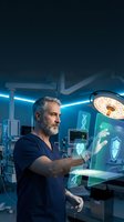Middle-aged Caucasian male surgeon using futuristic holographic medical interface in modern operating room with advanced digital healthcare technology.