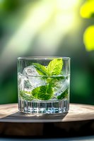 Fresh mojito cocktail with mint leaves and ice cubes in crystal glass on wooden surface against blurred green background. Refreshing summer drink.