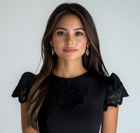 Young Asian woman with long dark hair wearing black lace dress and crystal earrings smiling confidently against light background. Professional portrait for beauty and fashion.