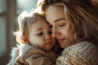 Young mother and toddler daughter share tender moment near window, faces close together in warm natural light, expressing maternal love and family bonding.
