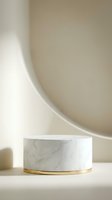 White marble cylinder podium with gold base on beige background, soft shadows, luxury product display stand for cosmetics and branding.