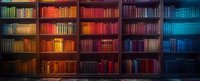 Panoramic view of vintage bookshelf with color-coordinated books arranged in rainbow spectrum order, creating atmospheric library interior perfect for education and literature concepts.