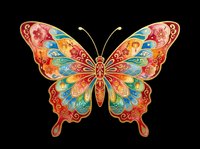 Colorful ornate butterfly with Asian folk art patterns, isolated on transparent background, ready for t-shirt design, stickers, sublimation, and print on demand.