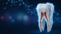 Digital tooth anatomy with glowing neural network connections on dark blue background for dental technology and healthcare innovation concepts.