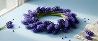 Purple lavender flowers arranged in circular wreath on light blue surface with scattered petals for aromatherapy and spa decoration.