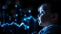 Young Caucasian boy in profile gazing at glowing blue digital data visualization and financial charts against dark background, illuminated by soft blue light.
