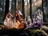 Natural healing crystals and mineral stones on forest moss with sunbeams shining through trees, creating mystical atmosphere for spiritual wellness and meditation.