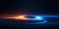 Glowing orange and blue light trails swirling in spiral motion against dark background create dynamic energy effect for technology and space designs.