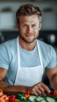 Portrait of a smiling Caucasian male chef in his thirties wearing a light blue t-shirt and white apron, preparing fresh vegetables in a modern kitchen setting.