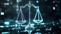 Glowing digital scales of justice on dark background with bokeh lights and data visualization elements, symbolizing legal technology and cyber law concept.