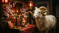 White goat with curved horns in luxurious interior with blooming cherry blossoms, red lanterns, golden decorations, and wrapped gifts for festive holiday celebration and seasonal marketing.