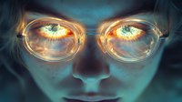 Mystical close up of glowing eyes behind round glasses reflecting sunset sky and clouds, creating supernatural atmospheric effect in dark teal tones.