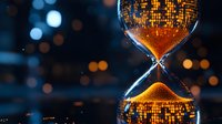 Glowing hourglass with sparkling golden sand against blurred bokeh lights background creates magical atmosphere, symbolizing time passage and precious moments.