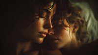 Intimate couple sharing tender moment in warm golden light, romantic embrace between young man and woman with emotional connection and love.