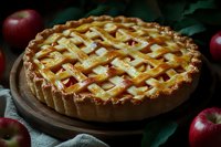 Freshly baked apple pie with golden lattice crust on wooden board, surrounded by red apples and green leaves, rustic style food photography.