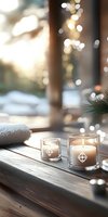 Glowing candles in glass holders on wooden windowsill with soft bokeh lights and pine branches create cozy winter atmosphere for holiday decor and relaxation.