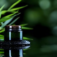 Dark glass cosmetic jar on wet black stone with green bamboo leaves background, reflecting in water surface. Spa and wellness concept.