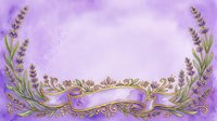 Lavender flowers frame ornate golden ribbon banner on soft purple watercolor background, suitable for invitations and greeting cards.