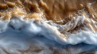 Abstract fluid art in brown and blue tones creates dynamic marble effect with swirling patterns and organic textures resembling natural stone or aerial landscapes.