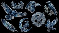 Raven crow bird collection isolated on transparent background, ready for t-shirt design, clipart, stickers, sublimation and print-on-demand projects.