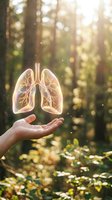 Glowing lungs hologram floating above open hand in sunlit forest, representing respiratory health, clean air, and medical wellness concepts.