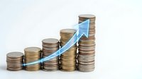 Growing coin stacks with upward blue arrow showing financial growth, investment success, profit increase, and economic progress concept.