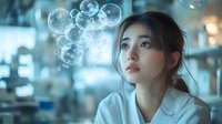 Young Asian woman in white coat looking up thoughtfully with glowing translucent bubbles floating around her in blue-tinted laboratory environment. Dreamy scientific atmosphere.