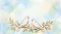 Pair of doves perched on flowering branch with soft watercolor wash background, symbolizing peace, love and harmony for wedding, greeting card and nature design projects.