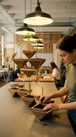 Young woman tending to modern wooden hydroponic tower garden system in contemporary office workspace with industrial pendant lighting and coworkers in background.