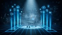 Digital shopping cart surrounded by glowing data columns and cloud computing icons on futuristic grid background for e-commerce technology concepts.