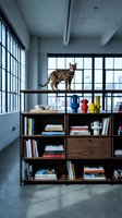 Tabby cat standing on metal railing above wooden bookshelf in modern loft interior with large windows, concrete floors, and colorful decorative objects for contemporary home design projects.