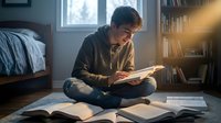Young Caucasian male student reading book in cozy bedroom with warm lighting, surrounded by open textbooks for studying and learning at home.