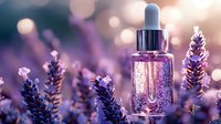 Luxurious serum dropper bottle with purple lavender flowers in soft focus background. Glowing bokeh effects highlight natural cosmetic skincare product.