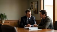 Two professional businessmen having serious discussion at wooden conference table in modern office meeting room during corporate consultation.