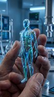 Holographic human anatomy model held in male hand displaying nervous and circulatory systems in laboratory setting for medical research and healthcare technology applications.