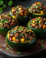 Stuffed round zucchini with seasoned ground meat, colorful bell peppers and fresh herbs served on wooden board. Close up view of homemade healthy dinner.