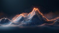 Glowing mountain range with orange and blue light trails against dark background, sparkling particles creating magical atmosphere for fantasy designs and backgrounds.