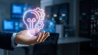 Businessman hand holding glowing neon lightbulb with gears icon, representing innovation, creativity, and smart business solutions in tech environment.