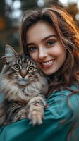 Young woman with long brown hair holding fluffy tabby cat outdoors with blurred natural background. Warm sunset lighting creates intimate pet portrait.