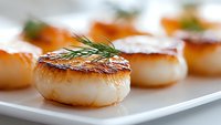 Pan seared sea scallops garnished with fresh dill on white rectangular plate. Golden brown caramelized surface with tender center creates gourmet seafood presentation.