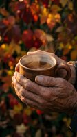 Elderly hands holding steaming hot coffee mug with warm autumn foliage background creating cozy seasonal atmosphere for comfort and relaxation concepts.