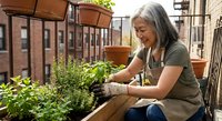 Mature Asian woman gardening on urban balcony, tending to herb plants in wooden planters, sustainable city living and home cultivation concept.