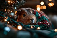 Adorable guinea pig wearing festive sweater nestled among Christmas tree branches with warm bokeh lights creating cozy holiday atmosphere.