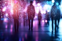 Silhouettes of people surrounded by glowing digital rain effect and bokeh lights in purple and blue colors creating futuristic nightclub atmosphere.