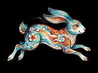 Ornate running rabbit with floral and wave patterns in blue, red and gold, isolated on transparent background, ready for stickers, sublimation, t-shirt design.