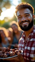 Happy young Middle Eastern man with beard holding plate of grilled meat at outdoor barbecue party with friends in warm golden hour sunlight for summer gatherings.