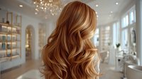 Luxurious golden blonde hair with flowing waves cascades down woman's back in elegant salon interior with crystal chandelier and modern styling stations.