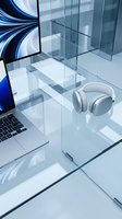 White wireless headphones on glass desk with laptop and modern blue digital display in contemporary office workspace.
