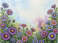 Watercolor aster flowers border frame with purple, pink and blue blooms on soft pastel background for greeting cards and floral designs.