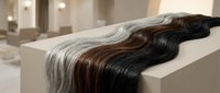 Professional hair extensions display showcasing natural brown and black human hair pieces arranged on modern salon counter for beauty treatments.